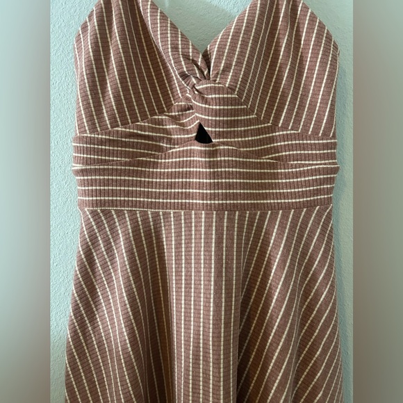 linen cotton pink & cream striped pleated mini sun dress size small - Picture 3 of 5